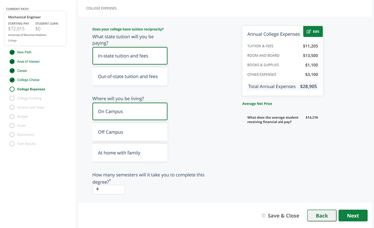 College Expenses screen